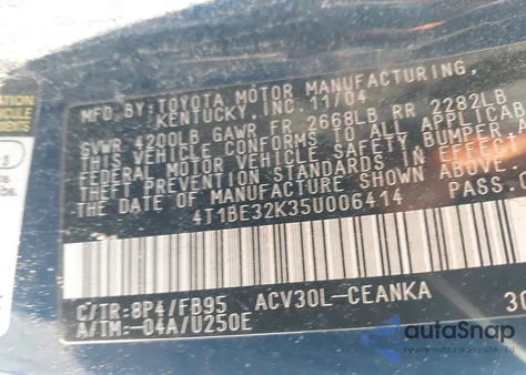 2005 Toyota Camry Le from USA, damaged, VIN 4T1BE32K35U006414